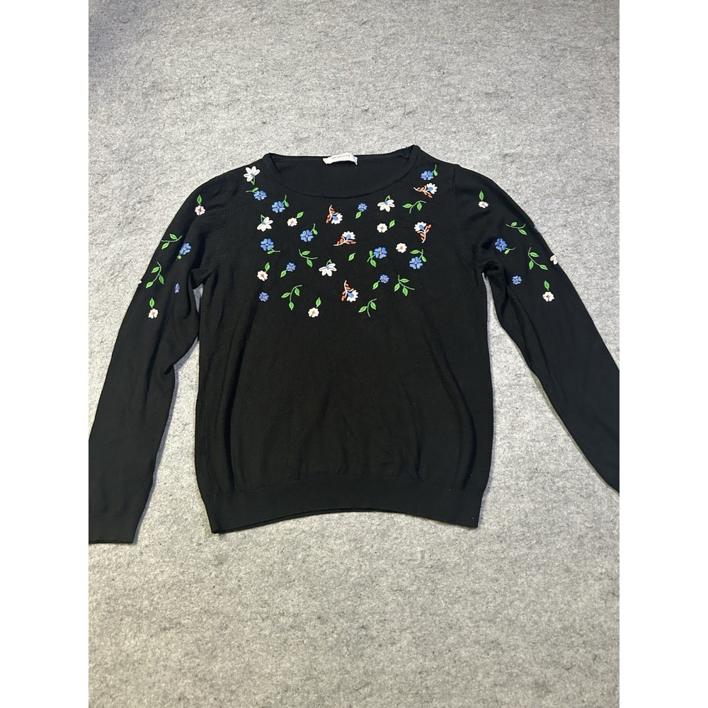 Promod Women's Black Embroidered Flowers Sweater Size Small/Med No Tag